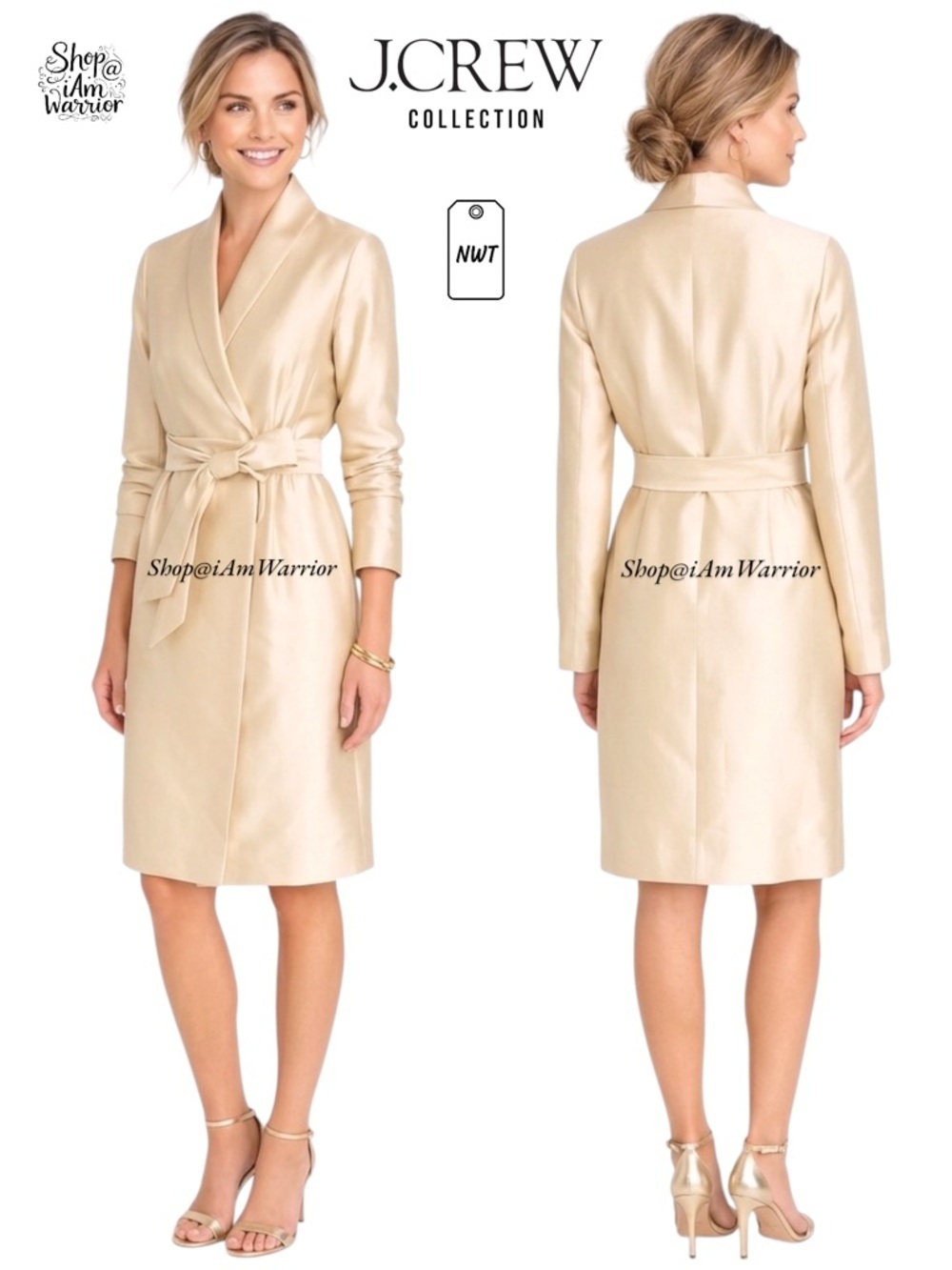 J.Crew Collection NWT RARE champagne silk blend belted wrapdress Shop@iamwarrior